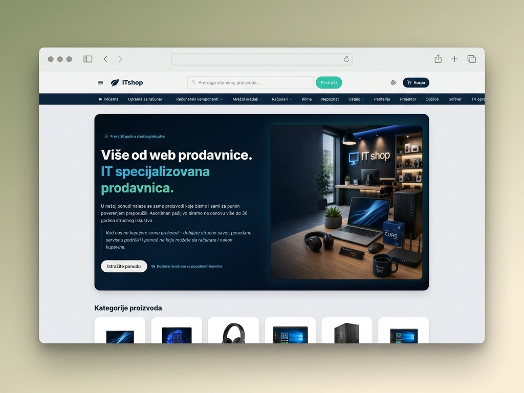 Početna stranica ITshop web prodavnice sa brzim učitavanjem i kategorijama